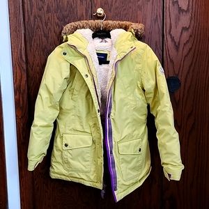 Neon yellow Lands End girls winter hooded jacket size Medium 10/12